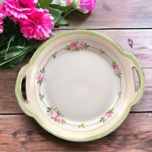 Antique Nippon Hand Painted Pink Rose Gilt Trim Cream & Green Handled Bowl